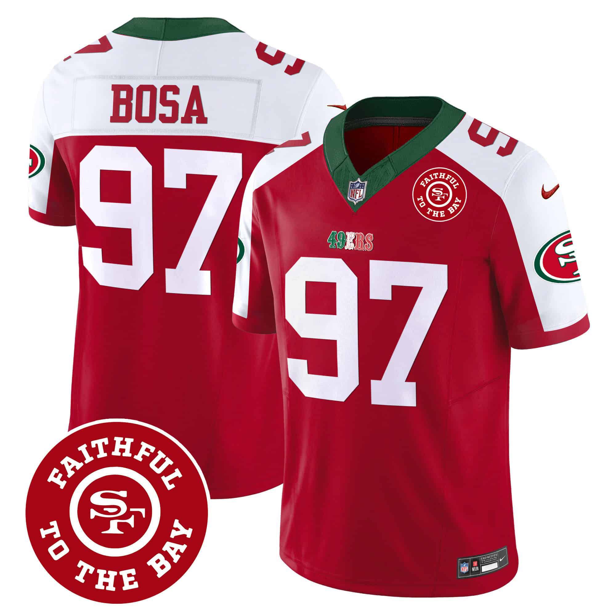 Men San Francisco 49ers 97 Bosa Red 2024 Nike Mexico Faithful To The Bay Patch Vapor NFL Jersey style 1